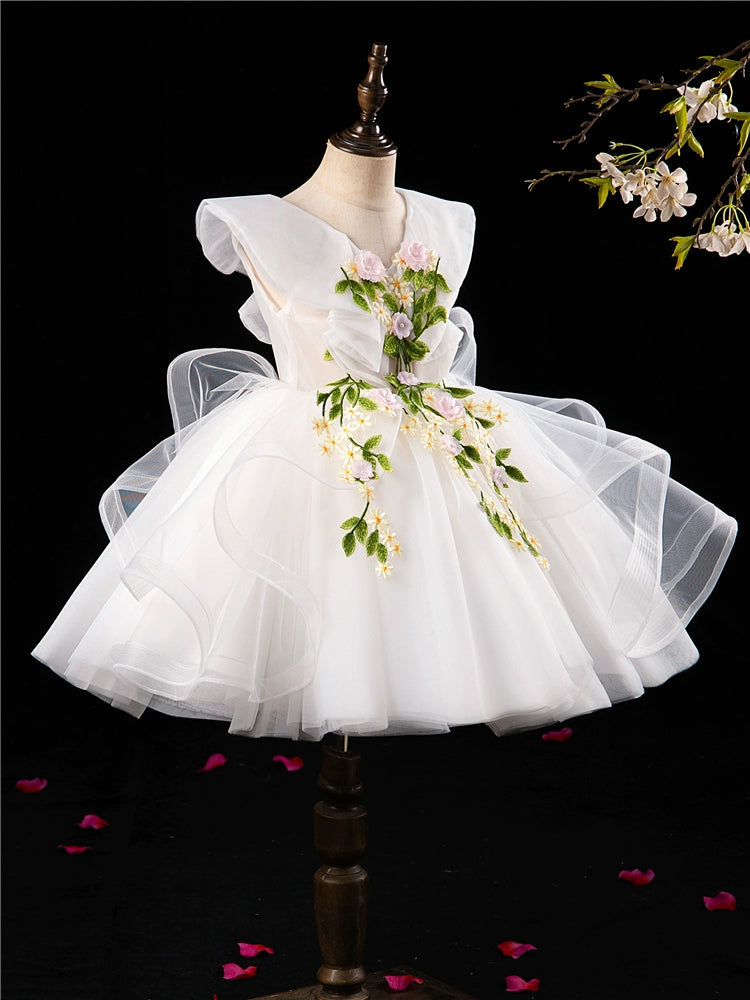 Princess V-Neck Puffy White Tulle Flower Girl Dress – Embroidered Party Gown