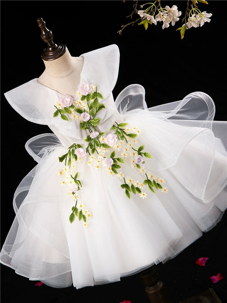 Princess V-Neck Puffy White Tulle Flower Girl Dress – Embroidered Party Gown