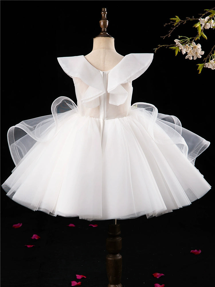 Princess V-Neck Puffy White Tulle Flower Girl Dress – Embroidered Party Gown