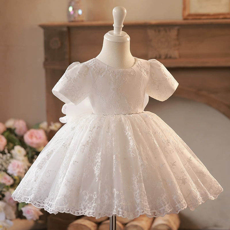 Princess White Lace Back Zip Baptism Lace Short Short Sleeve Puff Sleeve Round Flower Girl Dress