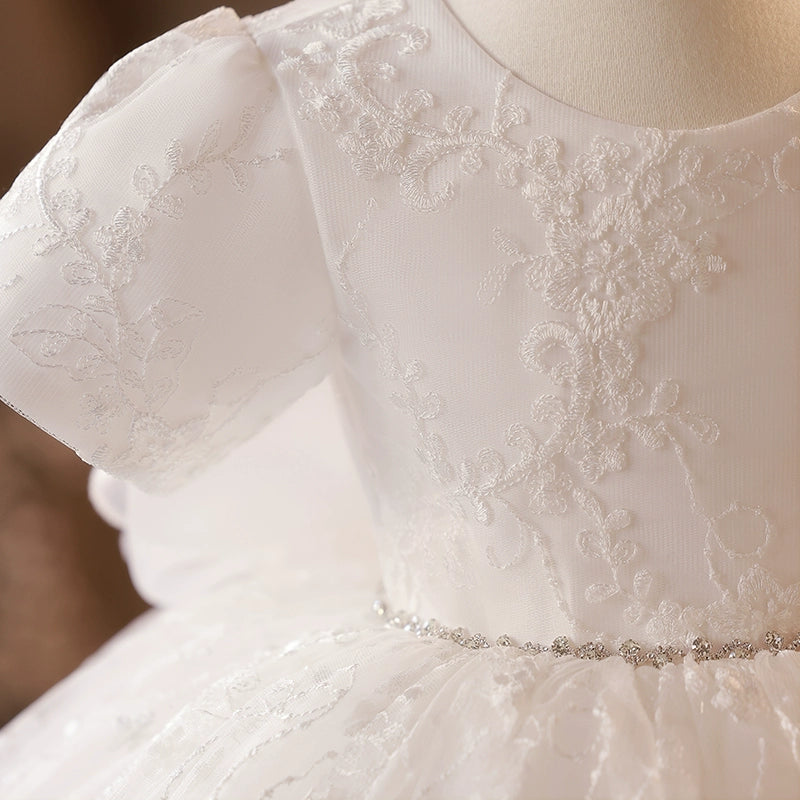 Princess White Lace Back Zip Baptism Lace Short Short Sleeve Puff Sleeve Round Flower Girl Dress