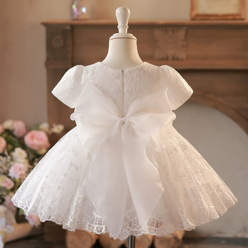 Princess White Lace Back Zip Baptism Lace Short Short Sleeve Puff Sleeve Round Flower Girl Dress