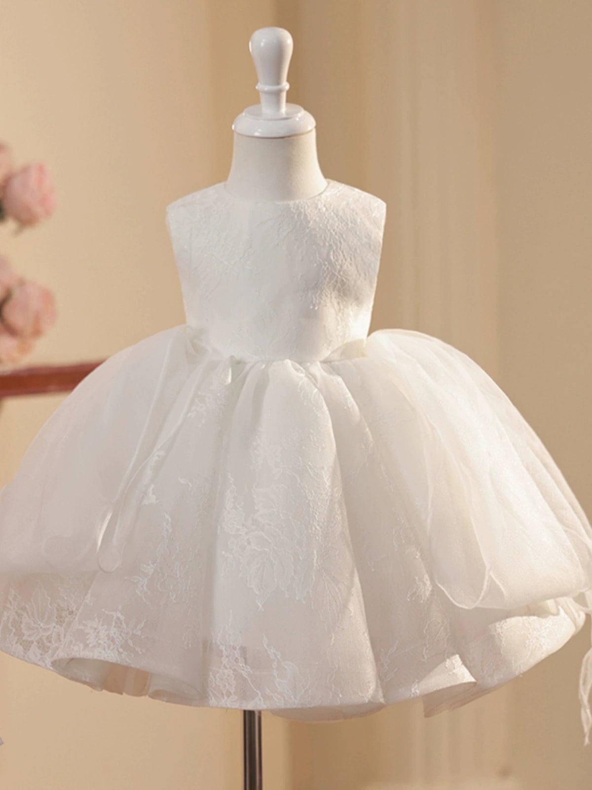 Princess White Polyester Back Zip Baptism Cascading Ruffles Tea Length Sleeveless Round Flower Girl Dress
