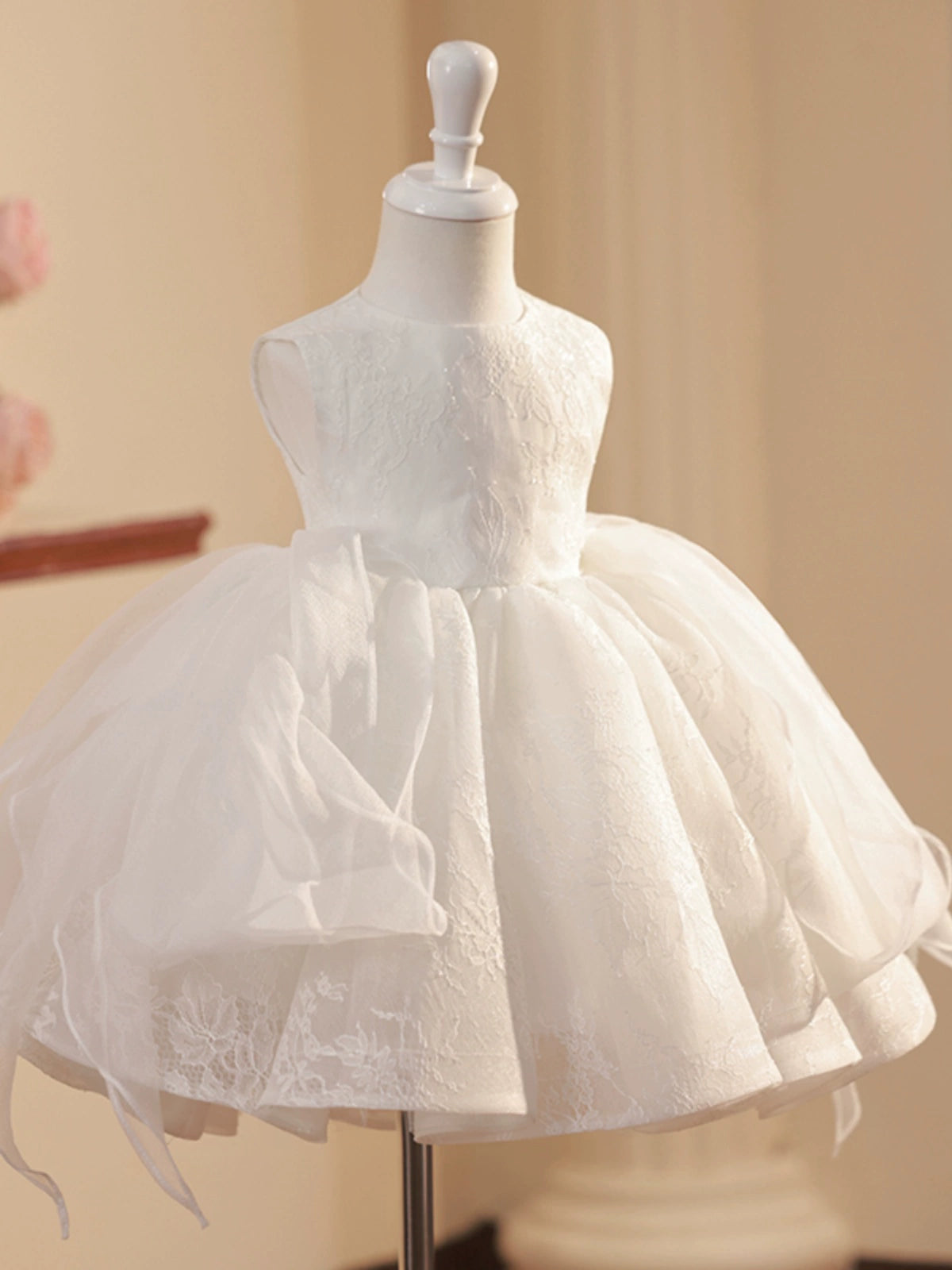 Princess White Polyester Back Zip Baptism Cascading Ruffles Tea Length Sleeveless Round Flower Girl Dress