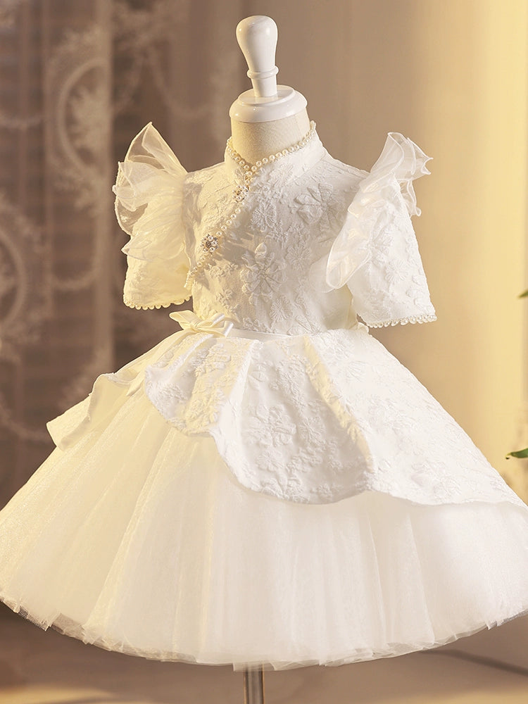Princess White Satin Back Zip Baptism Beaded Tea Length Short Sleeve Cap Sleeve Mock Neck Flower Girl Dress