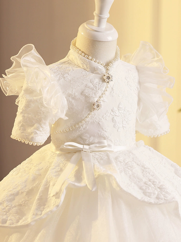 Princess White Satin Back Zip Baptism Beaded Tea Length Short Sleeve Cap Sleeve Mock Neck Flower Girl Dress