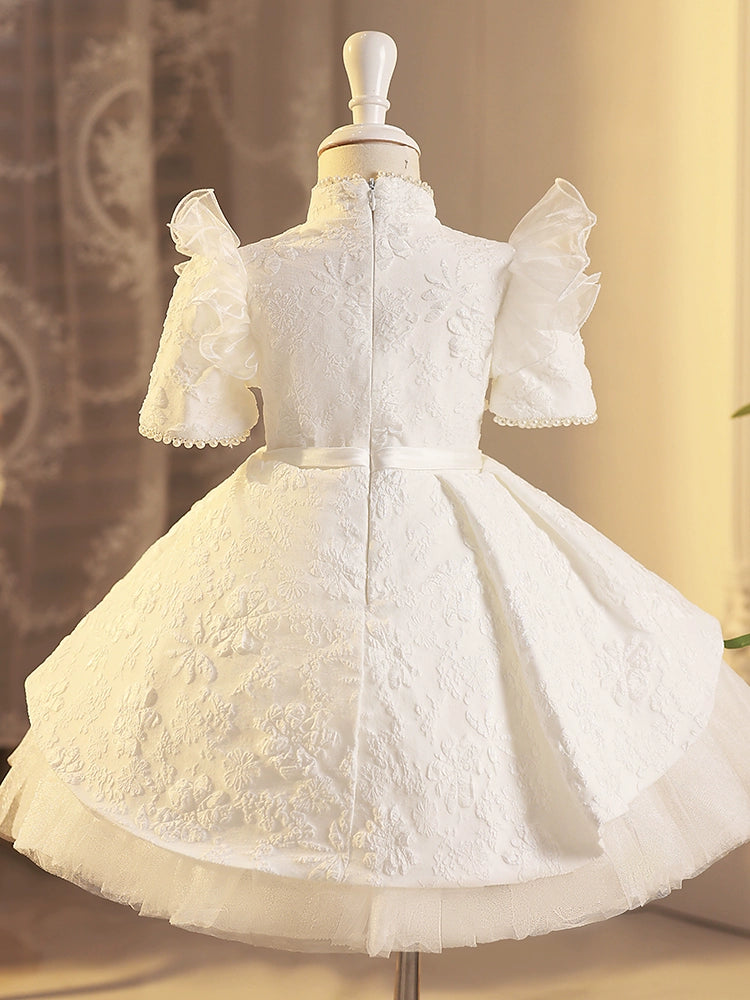 Princess White Satin Back Zip Baptism Beaded Tea Length Short Sleeve Cap Sleeve Mock Neck Flower Girl Dress