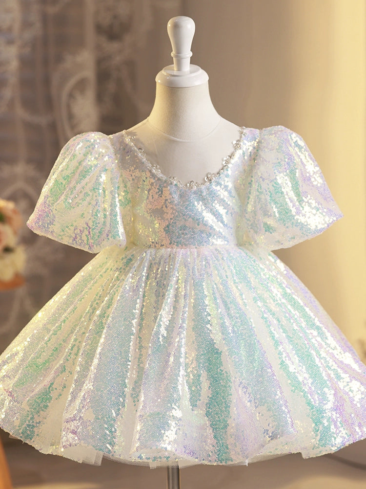 Princess White Sequined Back Zip Baptism Sequins Short Short Sleeve Puff Sleeve Round Flower Girl Dress