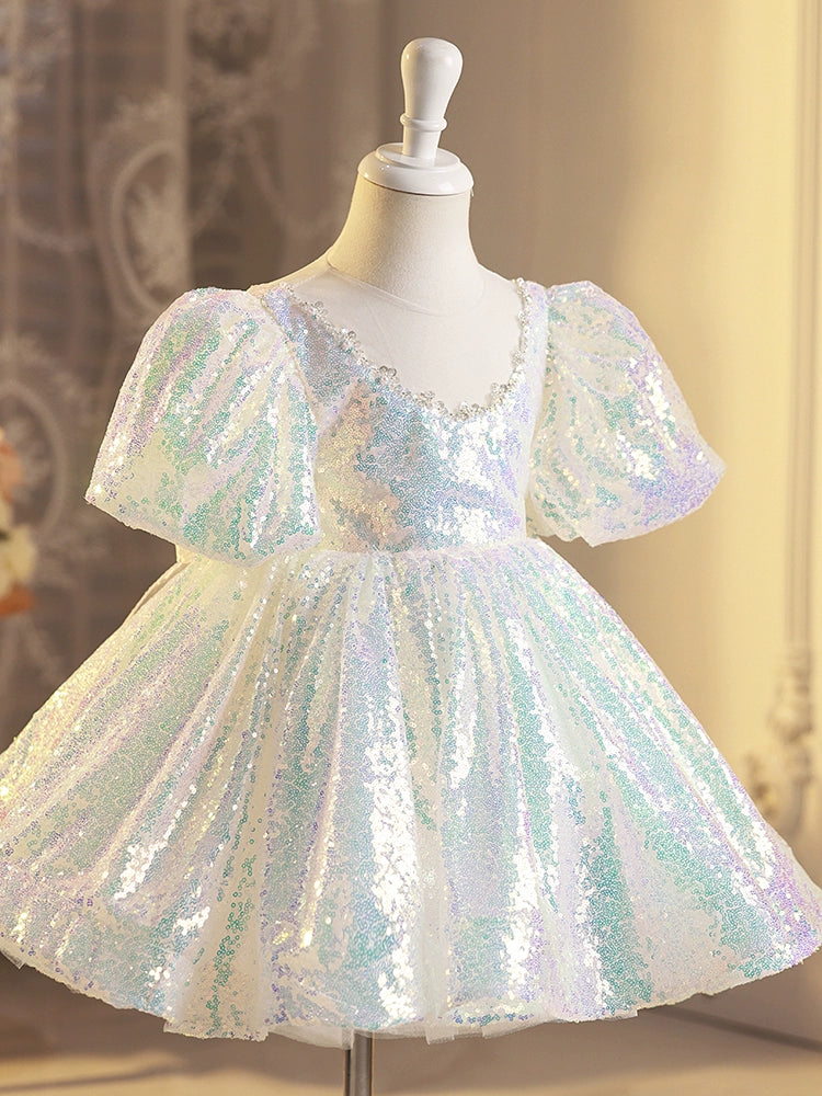 Princess White Sequined Back Zip Baptism Sequins Short Short Sleeve Puff Sleeve Round Flower Girl Dress