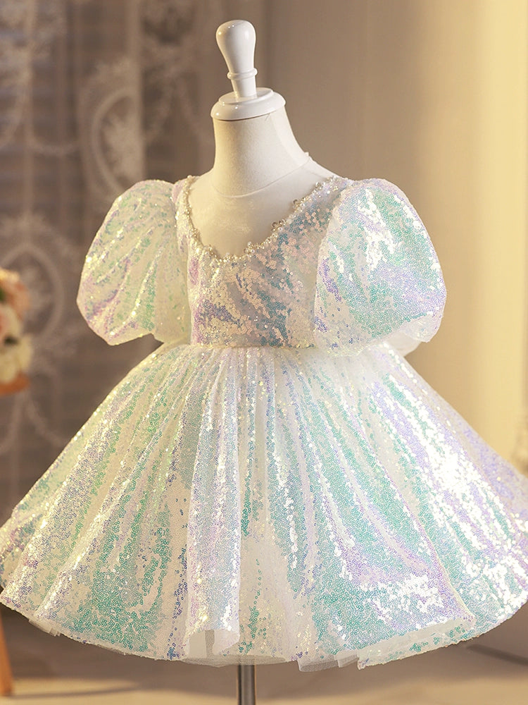 Princess White Sequined Back Zip Baptism Sequins Short Short Sleeve Puff Sleeve Round Flower Girl Dress