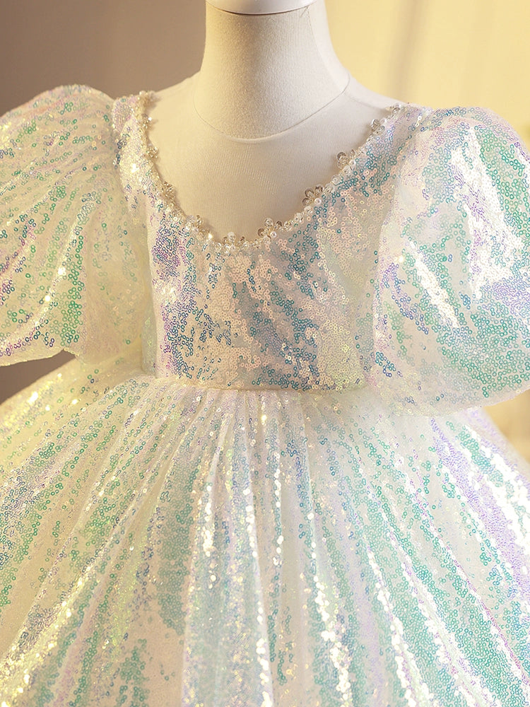 Princess White Sequined Back Zip Baptism Sequins Short Short Sleeve Puff Sleeve Round Flower Girl Dress
