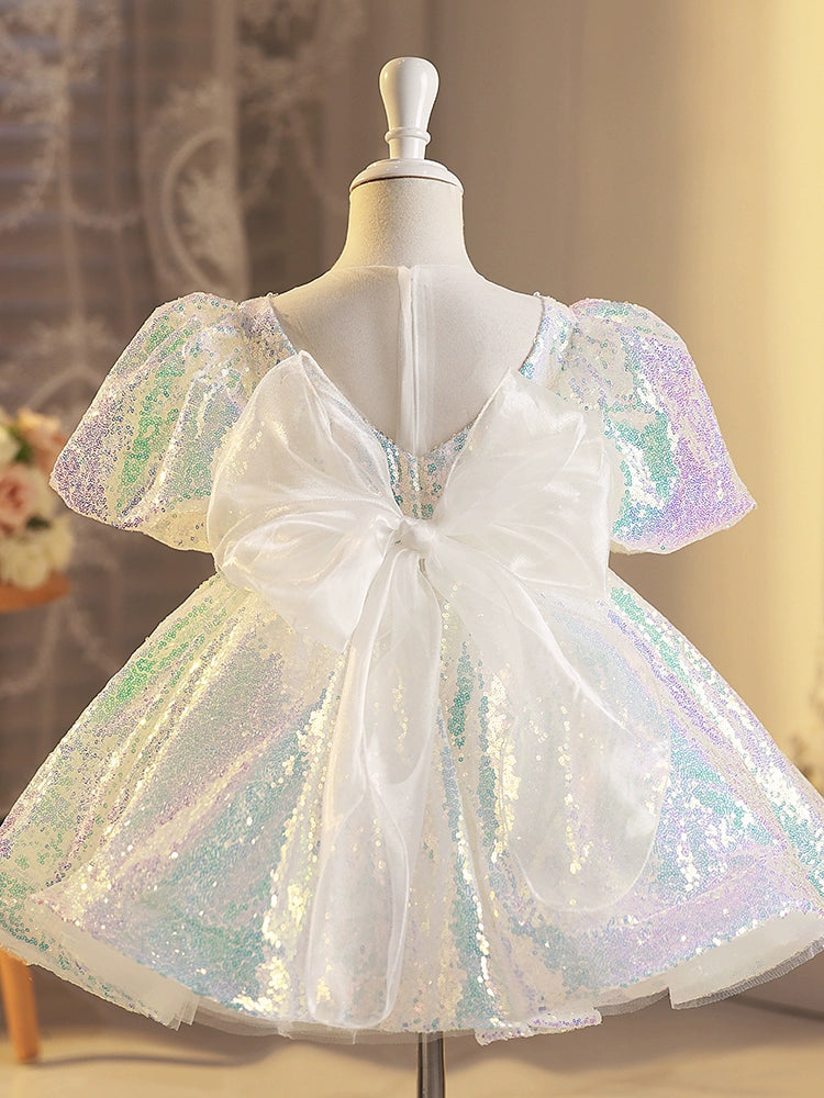 Princess White Sequined Back Zip Baptism Sequins Short Short Sleeve Puff Sleeve Round Flower Girl Dress