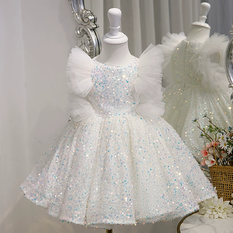 Princess White Sequined Back Zip Baptism Sequins Short Sleeve Cap Sleeve Round Flower Girl Dress