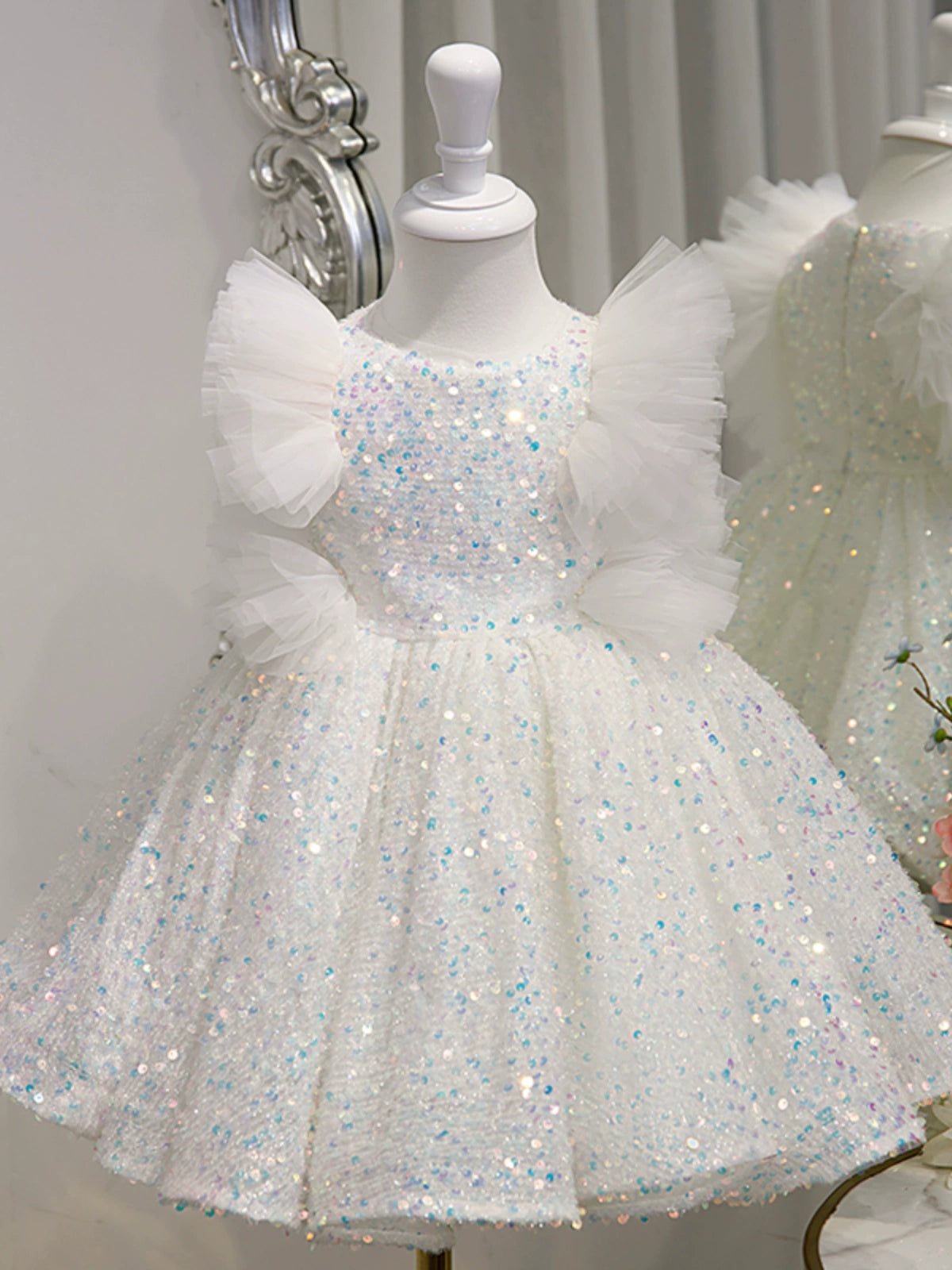 Princess White Sequined Back Zip Baptism Sequins Short Sleeve Cap Sleeve Round Flower Girl Dress