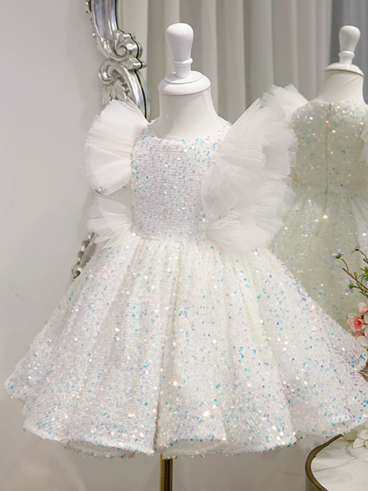 Princess White Sequined Back Zip Baptism Sequins Short Sleeve Cap Sleeve Round Flower Girl Dress
