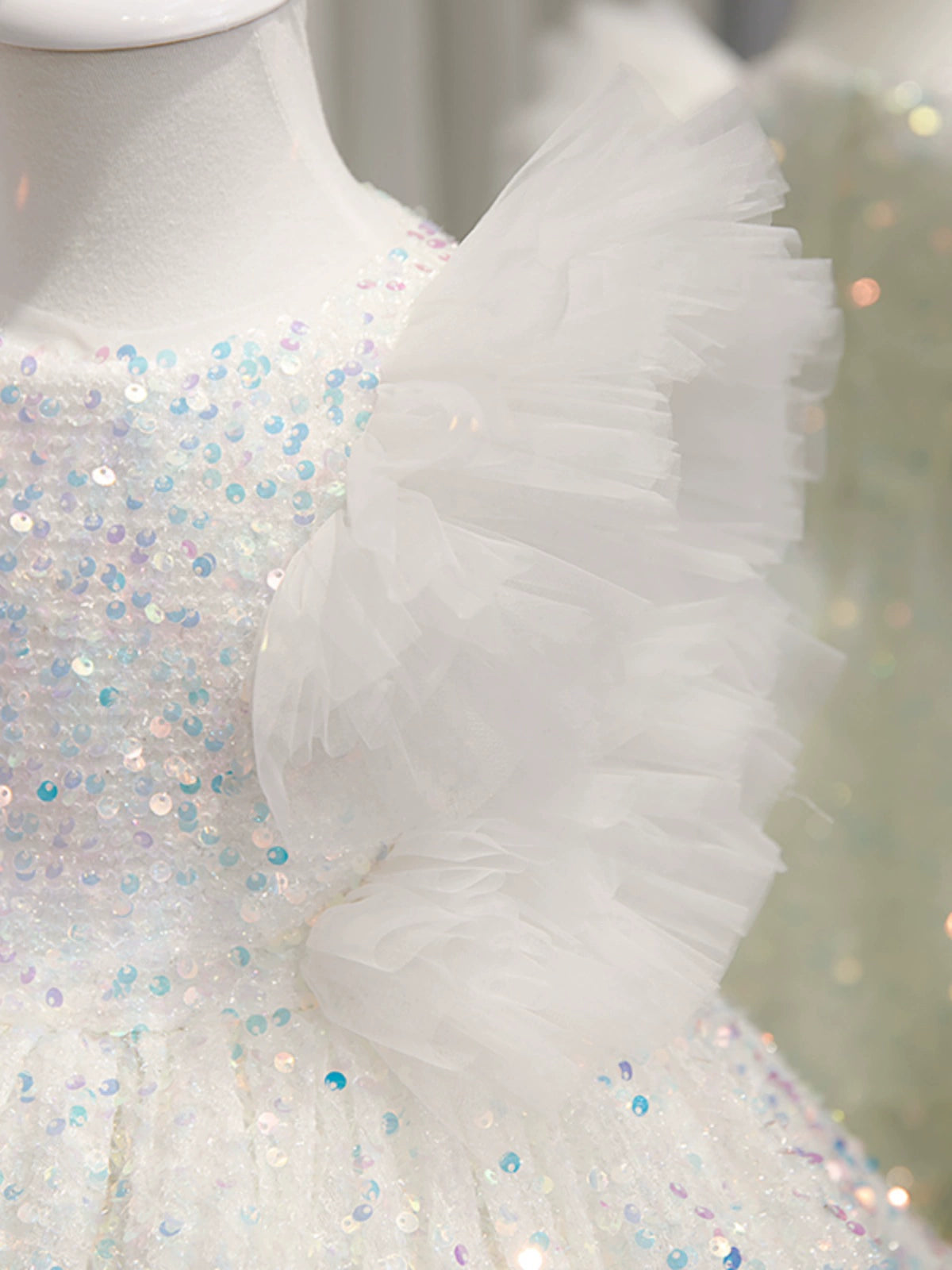 Princess White Sequined Back Zip Baptism Sequins Short Sleeve Cap Sleeve Round Flower Girl Dress