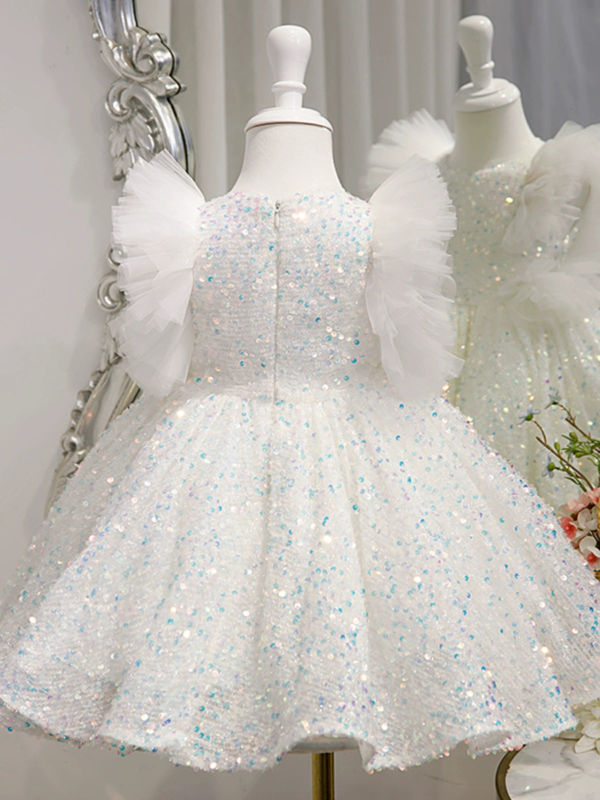 Princess White Sequined Back Zip Baptism Sequins Short Sleeve Cap Sleeve Round Flower Girl Dress