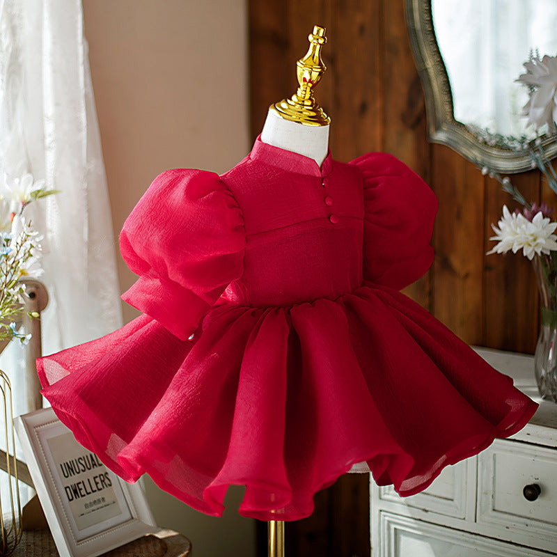 Girls' Puffy Red Party Dress with Bow – Knee-Length Princess Gown for Events