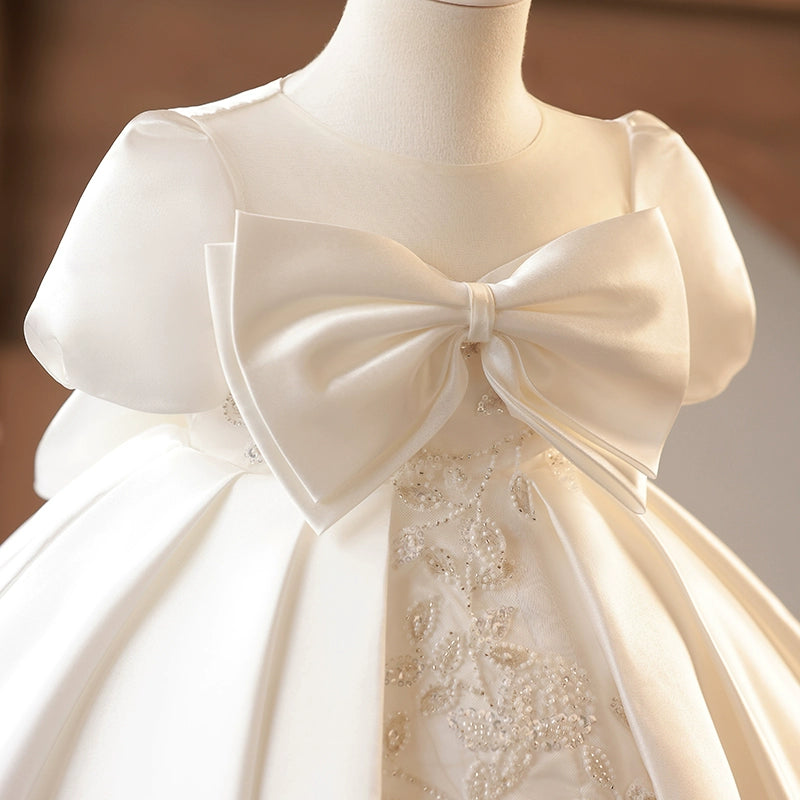 Cute Puffy White Satin Flower Girl Dress - Illusion Neckline, Sequins & Bow | Princess Tea Length Kids Gown
