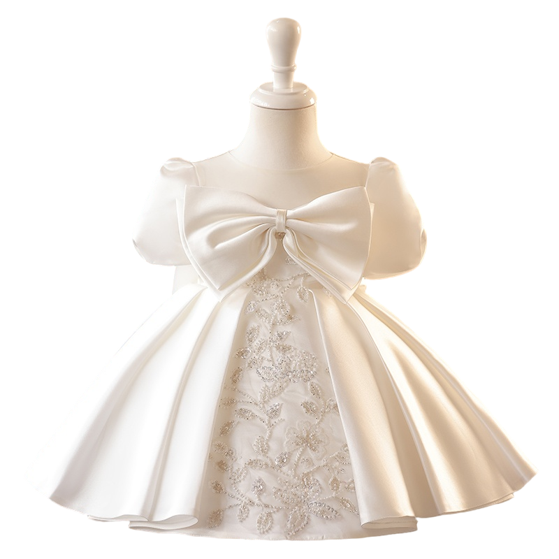 Cute Puffy White Satin Flower Girl Dress - Illusion Neckline, Sequins & Bow | Princess Tea Length Kids Gown