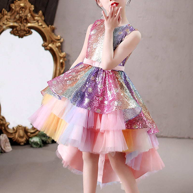 Rainbow Sequin High-Low Party Dress for Girls | Cute A-Line Tulle Pageant Gown