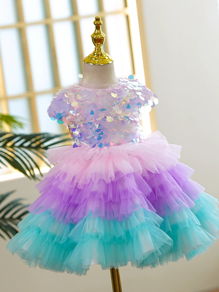 Rainbow Princess Flower Girl Dress – Puffy Sequin Tulle Gown for Parties & Weddings