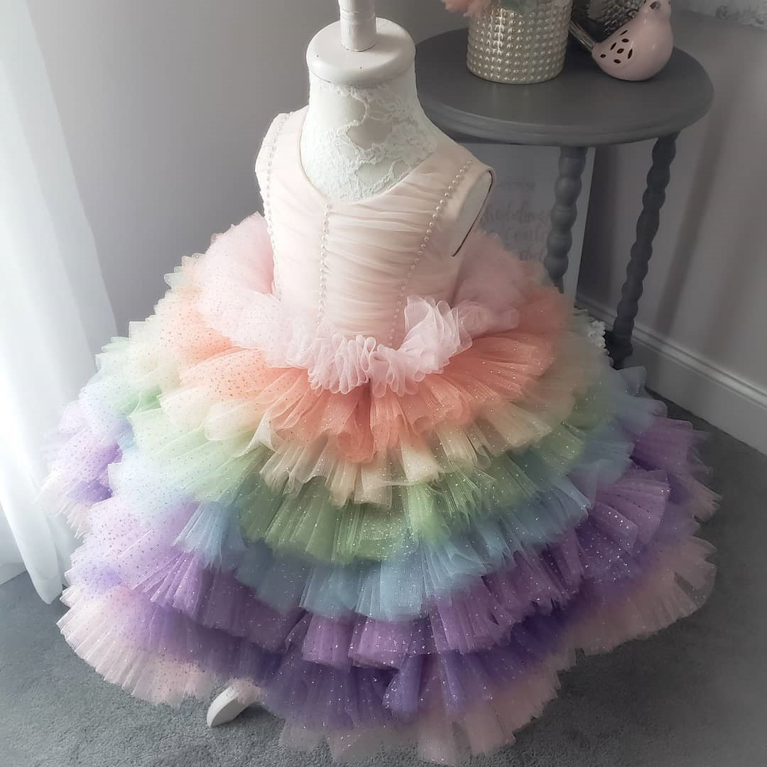 Rainbow Sequin Tiered Tulle Princess Dress for Girls - Rainbow / 9-10 Years (150cm)