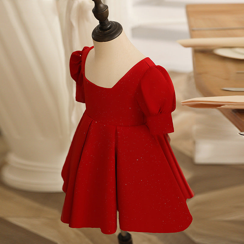 Red Princess Dress for Girls – A-Line Bow & Ruffle Party Dress