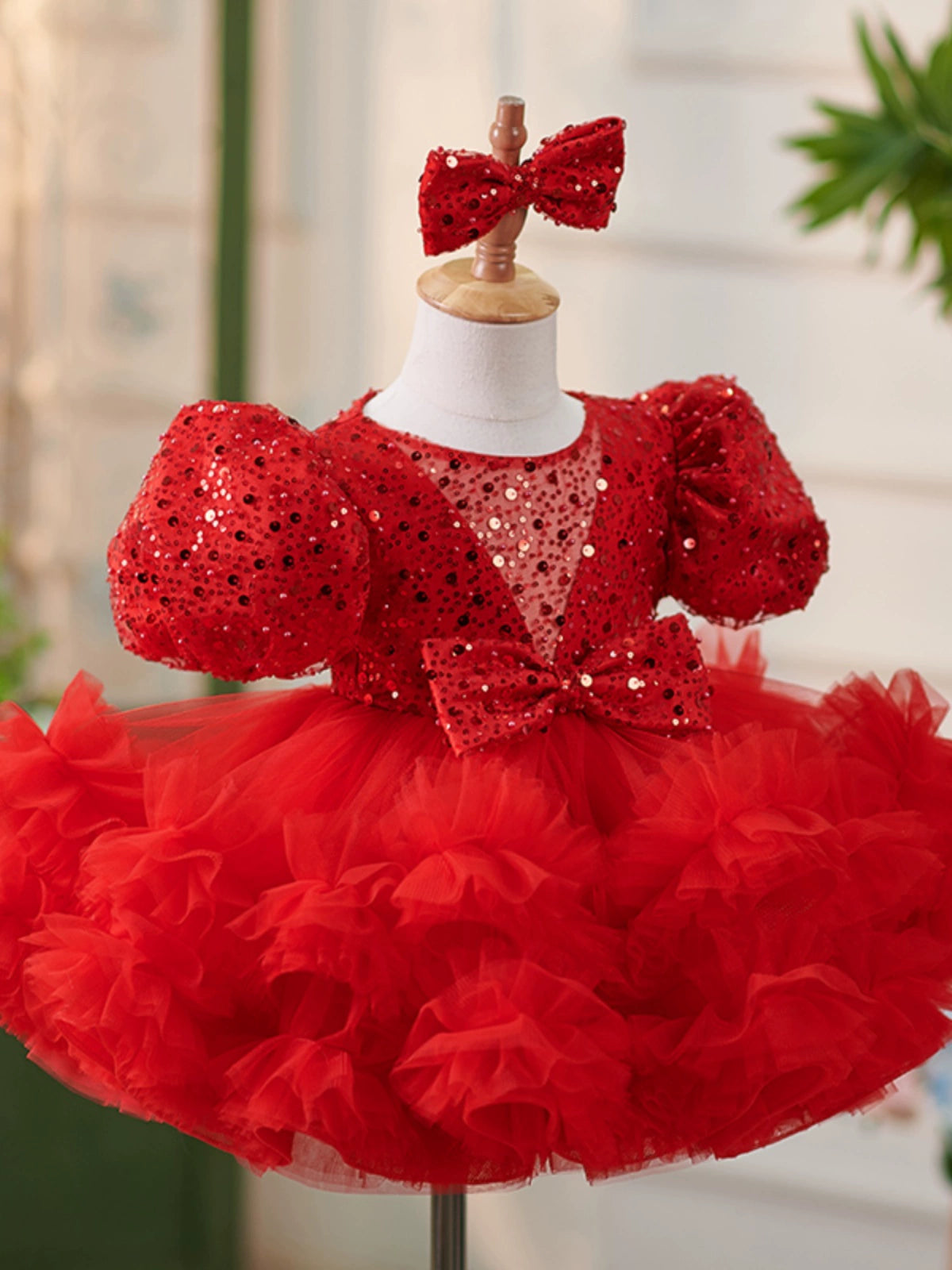 Red Puffy Tulle Flower Girl Dress with Sequins – Kids Party & Wedding Dress