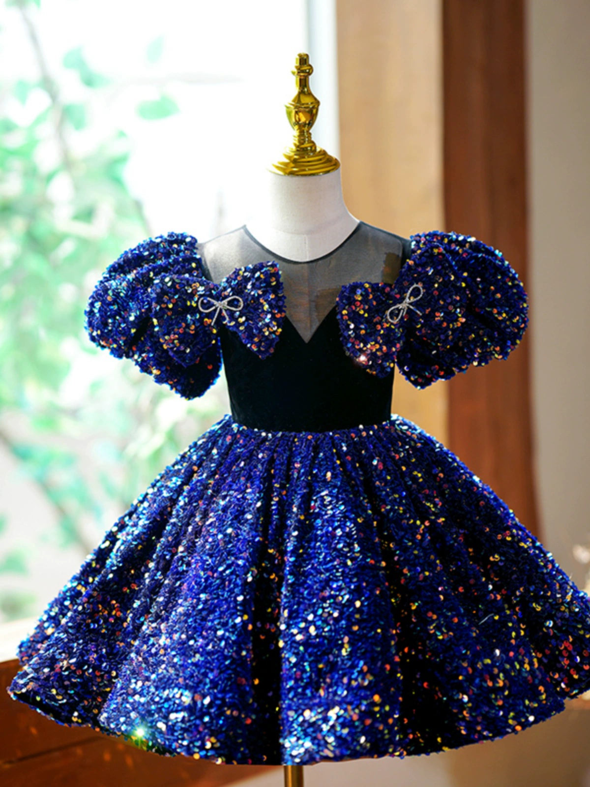 Royal Blue Princess Sequin Ball Gown Flower Girl Dress – Knee Length Puffy Party Dress