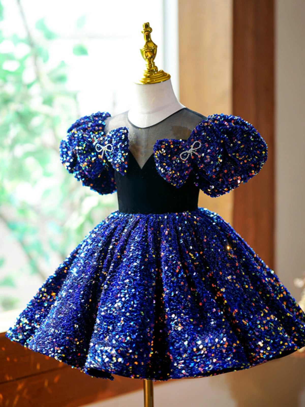 Royal Blue Princess Sequin Ball Gown Flower Girl Dress – Knee Length Puffy Party Dress