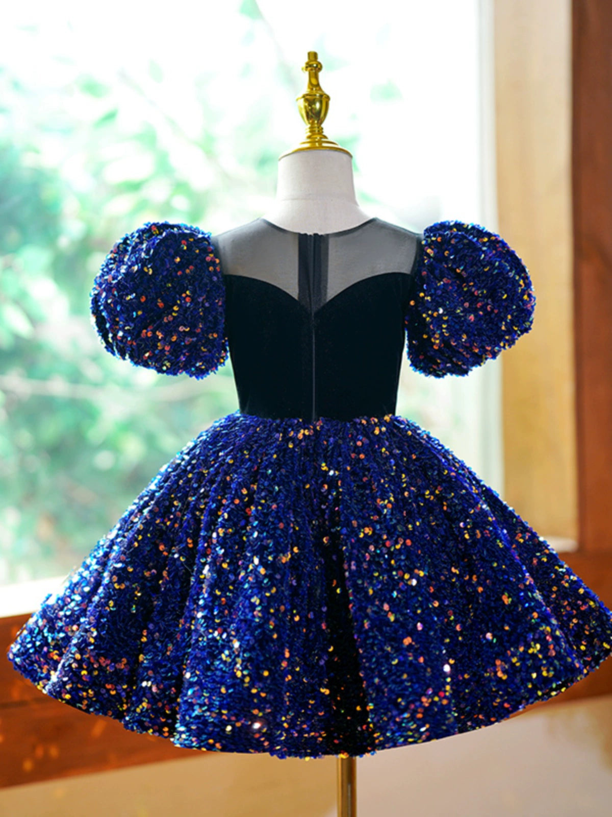Royal Blue Princess Sequin Ball Gown Flower Girl Dress – Knee Length Puffy Party Dress