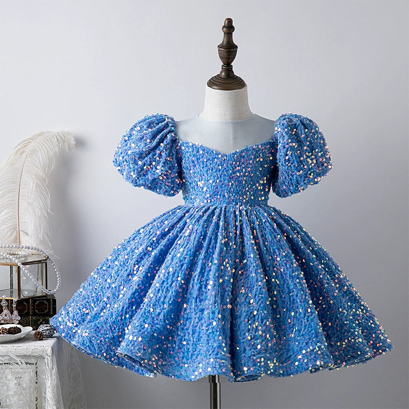 Royal Blue Princess Ball Gown Dress for Girls – Sequin Puffy Flower Girl & Party Wear