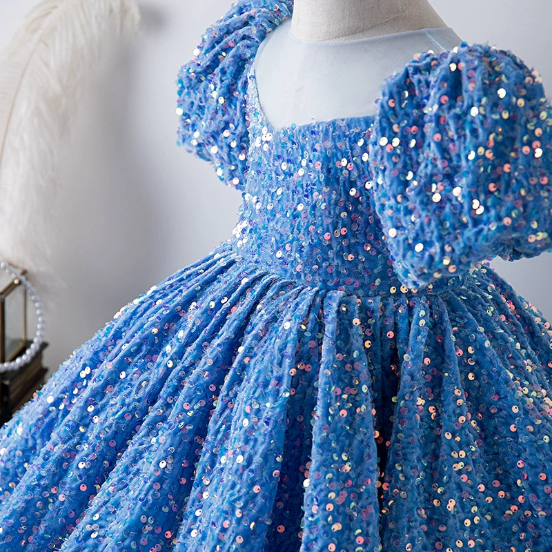 Royal Blue Princess Ball Gown Dress for Girls – Sequin Puffy Flower Girl & Party Wear