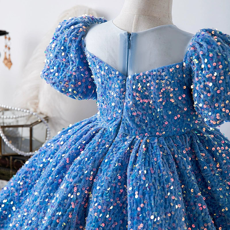 Royal Blue Princess Ball Gown Dress for Girls – Sequin Puffy Flower Girl & Party Wear