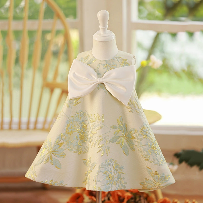 Sage Green Satin Flower Girl Dress – Bowknot & Floral Print Party Wear