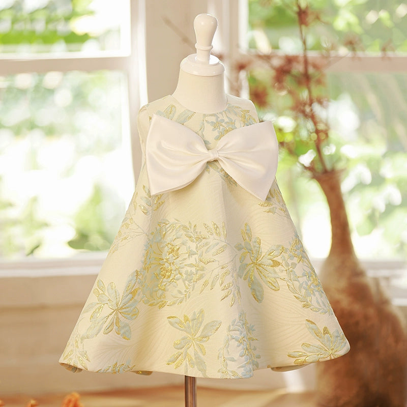 Sage Green Satin Flower Girl Dress – Bowknot & Floral Print Party Wear