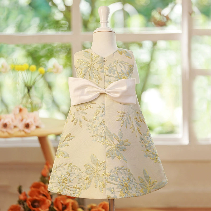 Sage Green Satin Flower Girl Dress – Bowknot & Floral Print Party Wear