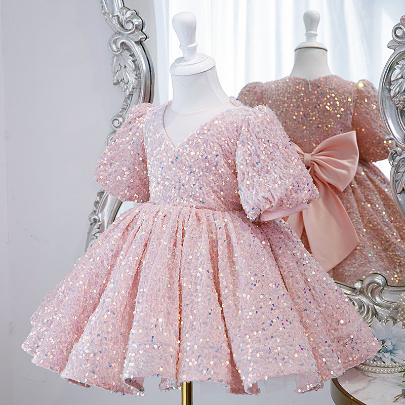 Pink Sequin V-Neck Flower Girl Dress for Parties & Celebrations | Cute Formal Kids Dress