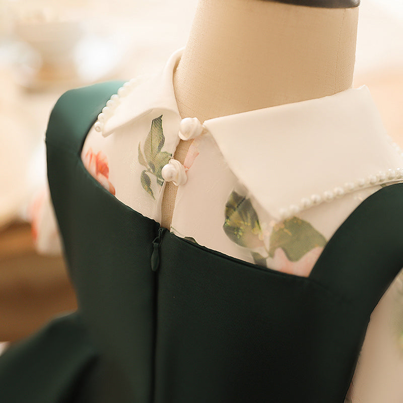 Sweet Green Satin Princess A-Line Dress for Girls | Doll Collar Party Dress