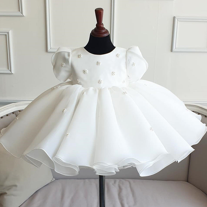 White Puffy Organza Party Dress for Girls – Sequin & Bead Embellished Ball Gown