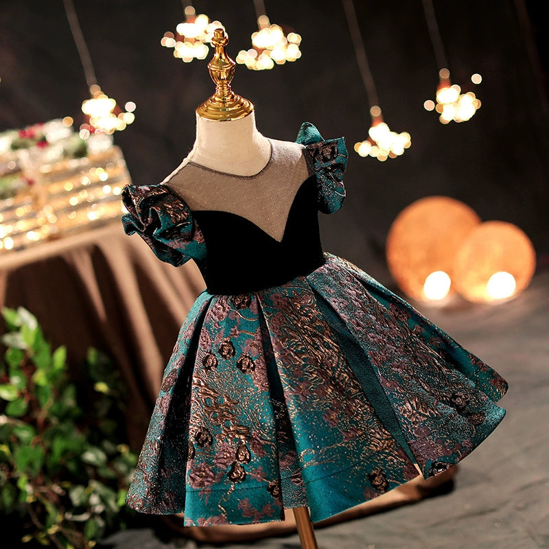 Teal Floral Princess Flower Girl Dress – Satin, Ball Gown, Floral Print