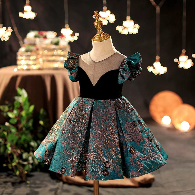 Teal Floral Princess Flower Girl Dress – Satin, Ball Gown, Floral Print