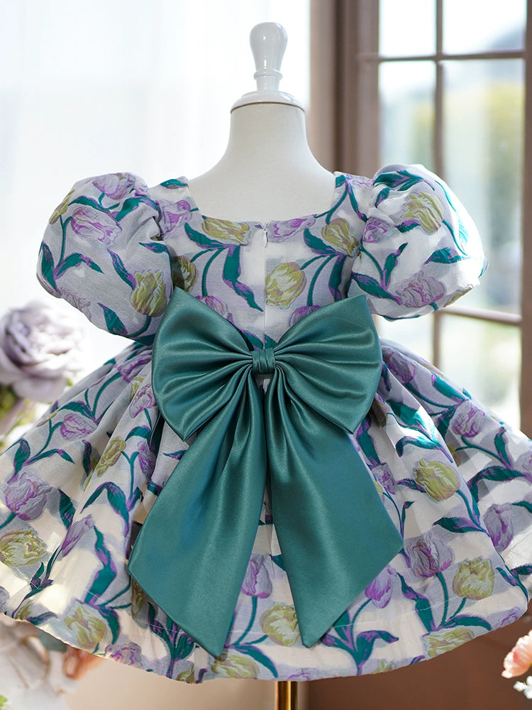 Teal Satin Princess Ball Gown Dress for Girls - Floral Print & Bowknot Elegance