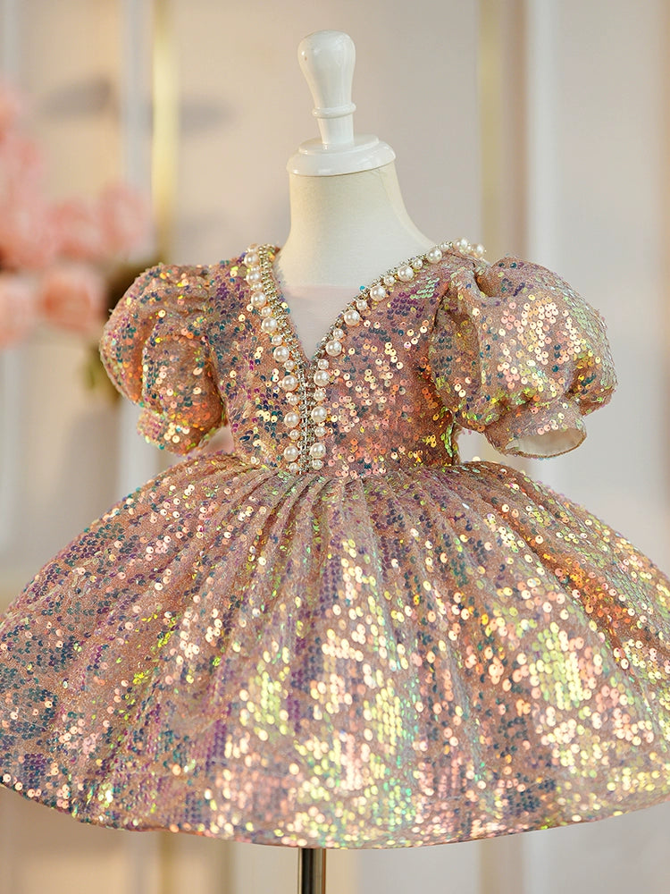 Princess Pink Sequined Bow / Tie Back Baptism Beaded Tea Length Short Sleeve Puff Sleeve V-Neck Flower Girl Dress