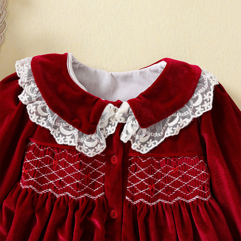 Burgundy Velvet A-Line Dress with Lace for Girls (12M-5Y) – Party & Holiday Outfit