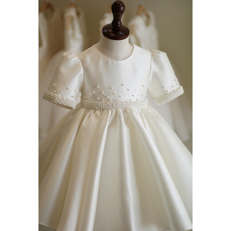 White Satin Flower Girl Party Dress with Sequins – Toddler to Preteen