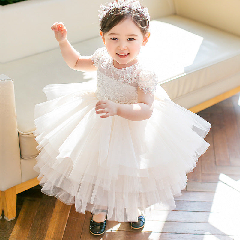 White Lace Tiered Princess Dress for Girls | Flower Girl & Party Dress