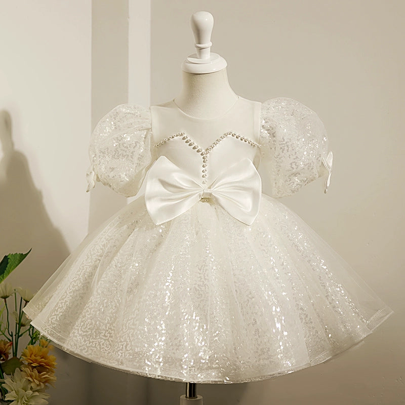 White Puffy Princess Satin Flower Girl Dress with Sequins – Knee Length