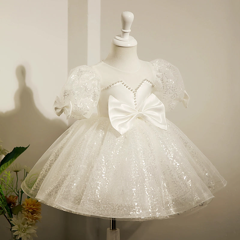 White Puffy Princess Satin Flower Girl Dress with Sequins – Knee Length